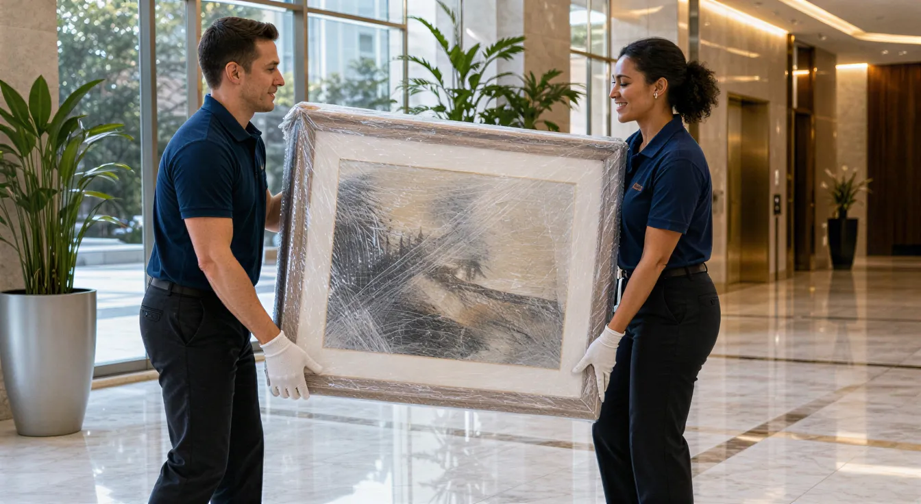 Ein Umzugsteam trägt ein großes, verpacktes Kunstwerk durch die helle Lobby eines Bürogebäudes.