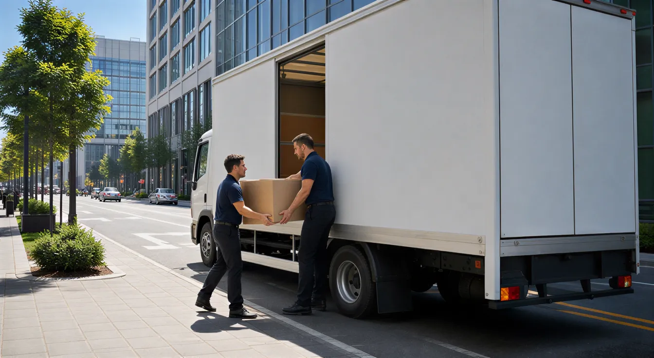 Zwei Umzugshelfer laden eine große Kiste in einen weißen Lieferwagen vor einem modernen Bürogebäude.