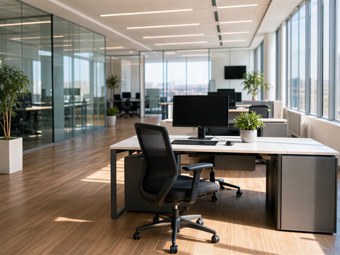 Ein aufgeräumtes Büro mit modernen Möbeln, sauberen Glaswänden und glänzendem Holzboden, bereit für den Arbeitstag.