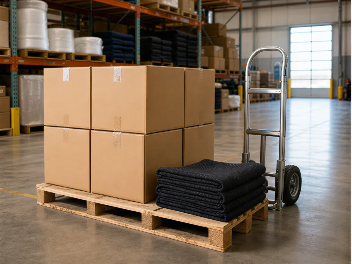 Stapel Kartons auf Palette mit Transportdecke und Sackkarre in einem Lagerhaus.