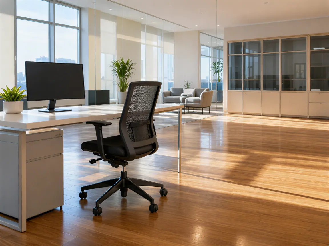 Ein minimalistisches Büro mit sauberem Schreibtisch, ergonomischem Stuhl und großen Fenstern in warmem Morgenlicht.