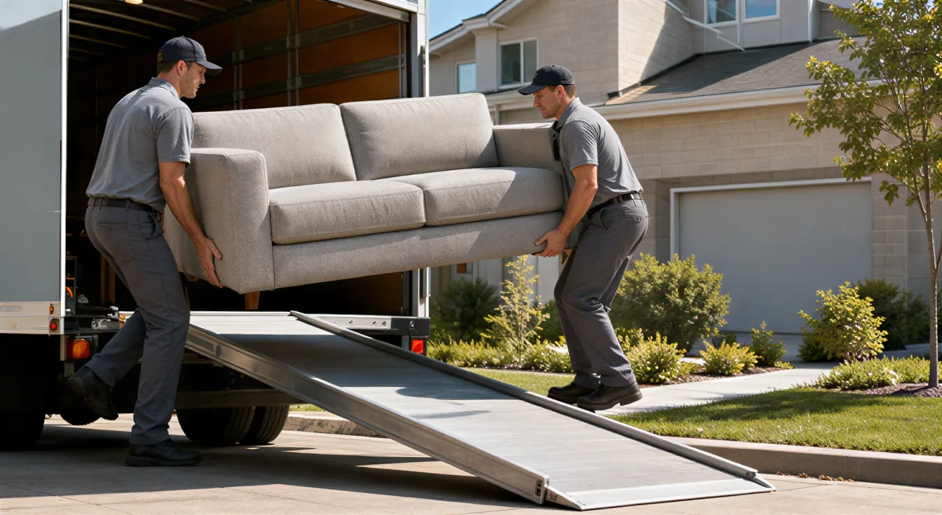 Ein Umzugsteam lädt ein modernes Sofa vor einem Einfamilienhaus aus einem Umzugswagen.