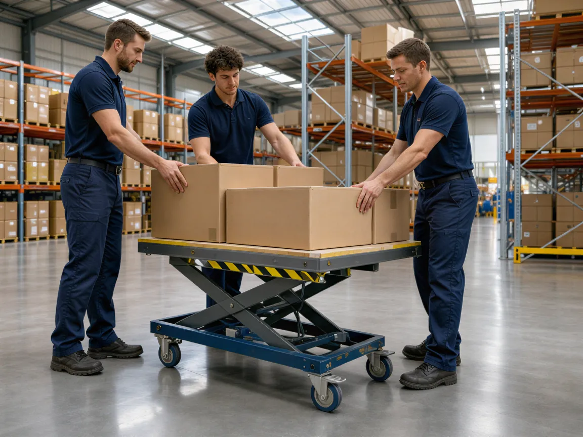 Drei Techniker in blauer Arbeitskleidung laden Kartons auf einen Rollwagen in einem sauberen Industrielager.