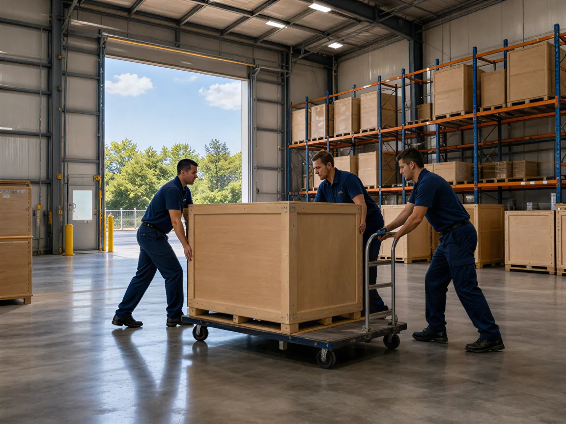 Drei Umzugshelfer laden eine große Holzkiste auf einen Transportwagen in einem sauberen Lagerhaus.
