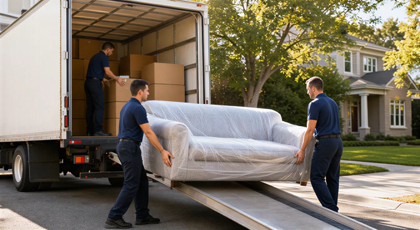 Zwei Umzugshelfer in blauen Uniformen tragen ein eingepacktes Sofa von einem Laster.