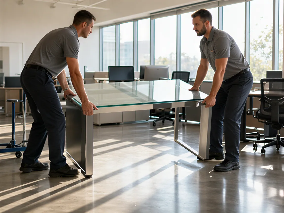 Zwei Umzugshelfer tragen einen großen Glastisch durch ein sonnendurchflutetes Büro mit Betonboden.
