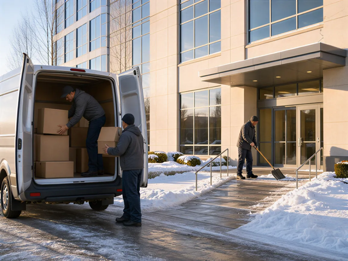 Zwei Arbeiter beladen einen modernen Umzugswagen vor einem gepflegten Bürogebäude im Winter.
