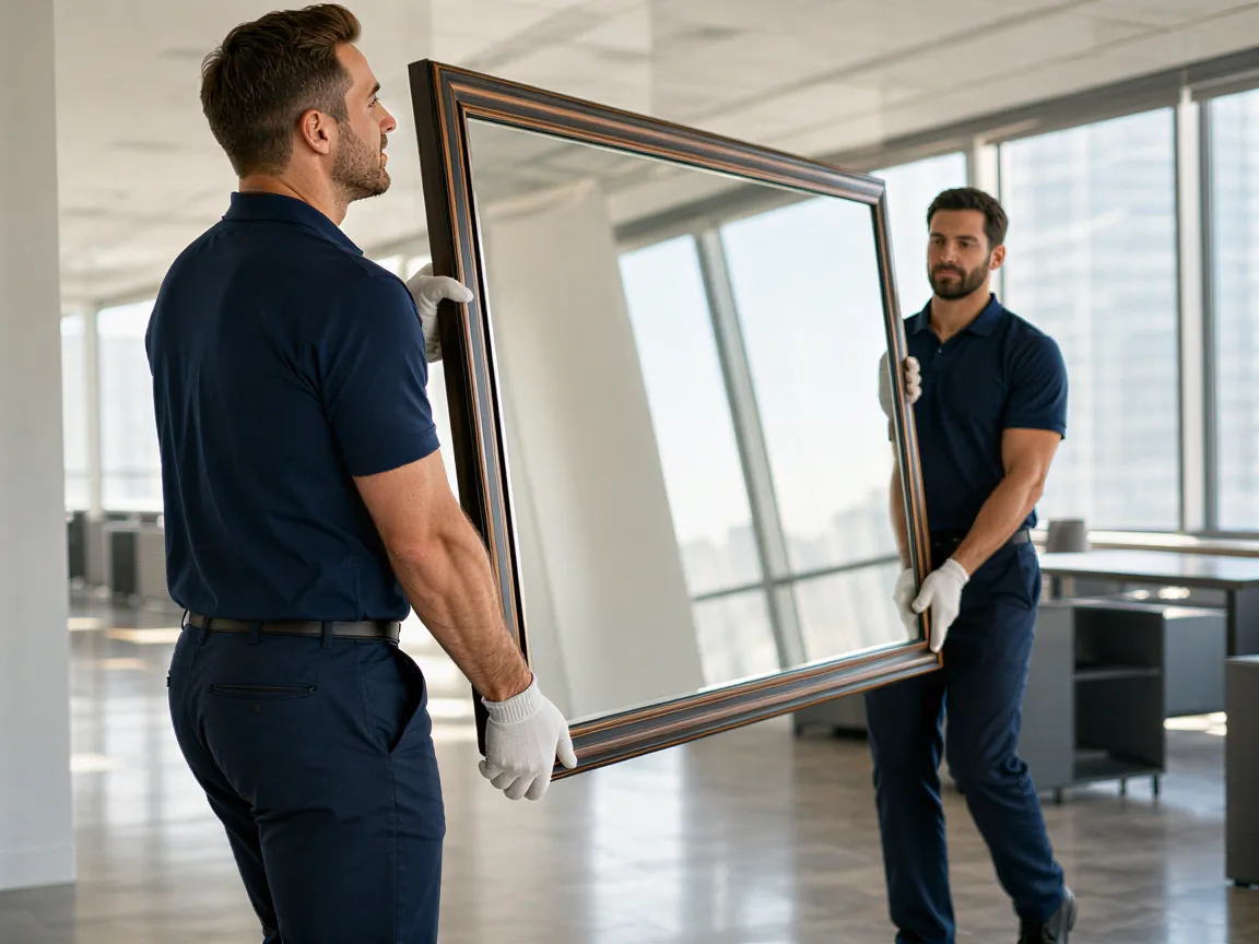 Zwei Umzugshelfer in blauen Uniformen tragen ein großes gerahmtes Kunstwerk durch einen hellen Büroflur.