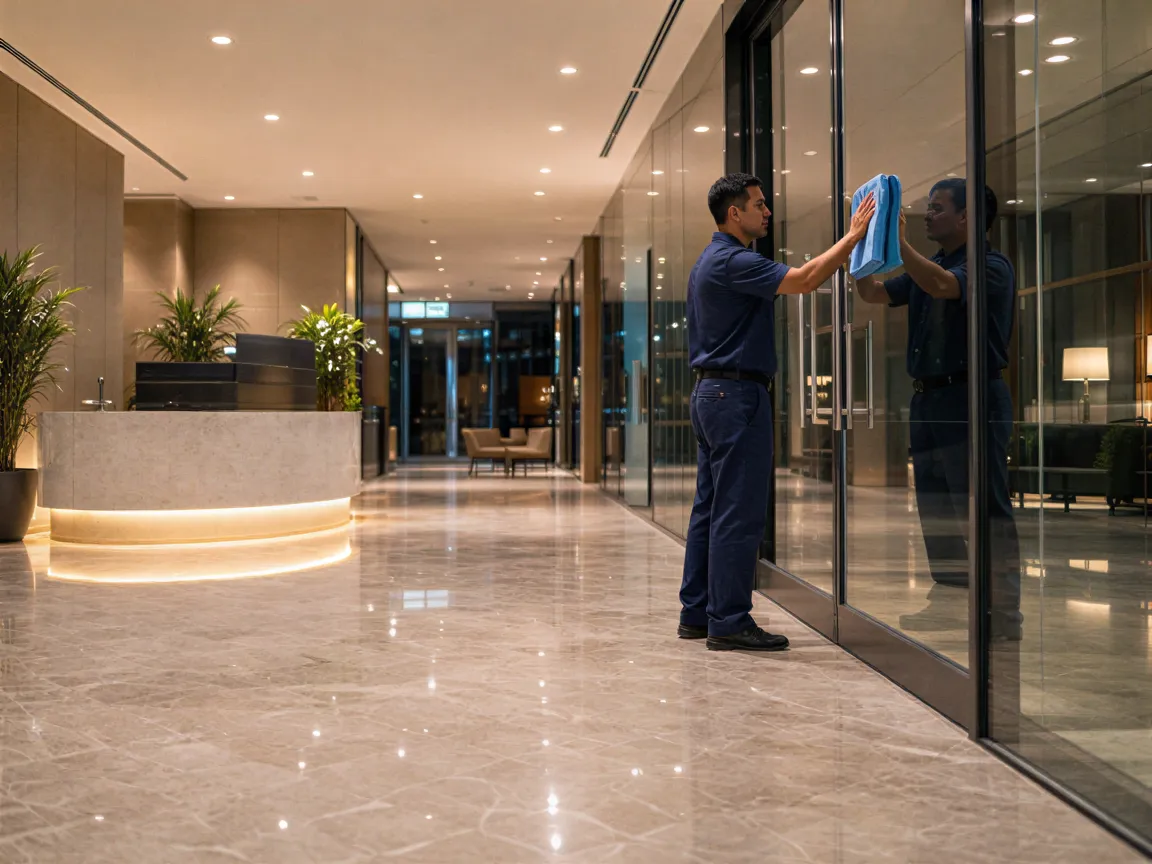 Ein Hausmeister poliert eine Glastür in einer sauberen, modernen Bürolobby nach Feierabend.