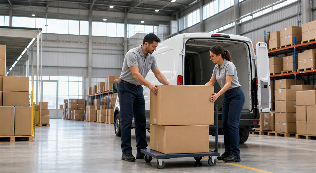 Zwei Umzugsmitarbeiter laden eine große Kiste auf einen Transportwagen in einem hellen, aufgeräumten Lagerhaus.