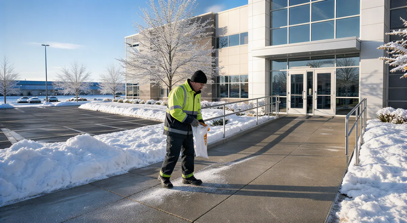 Ein Arbeiter streut Streusalz auf einen geräumten Gehweg vor einem modernen Bürogebäude nach einem Schneefall.