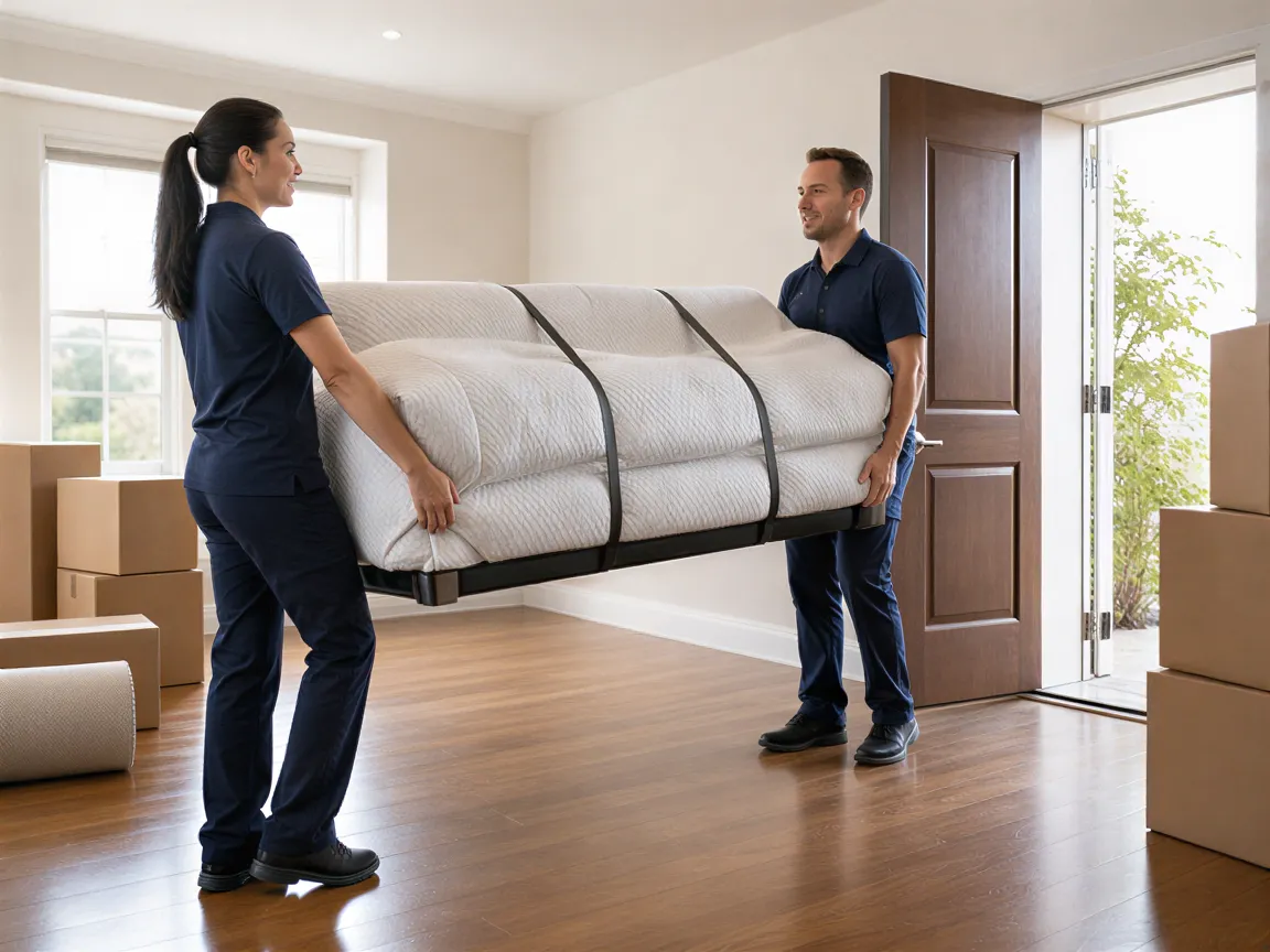 Zwei professionelle Umzugshelfer tragen ein sorgfältig verpacktes Sofa durch eine helle, moderne Wohnung.