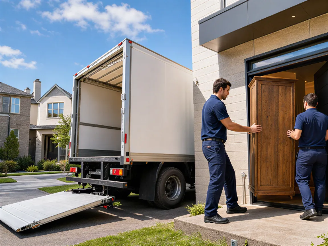 Zwei Umzugshelfer in blauen Uniformen tragen eine große Holzgarderobe durch die Haustür eines modernen Einfamilienhauses.