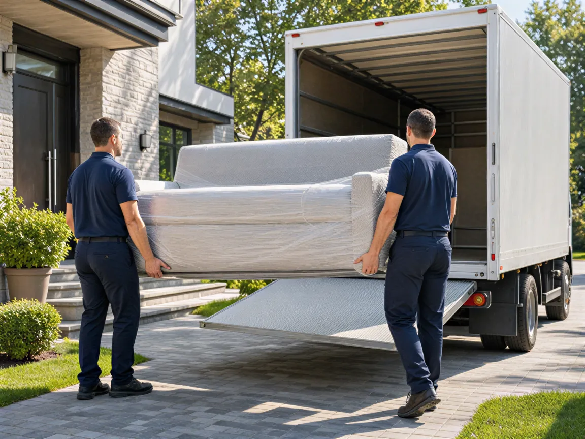 Zwei Umzugshelfer tragen ein sorgfältig verpacktes Sofa vom Haus zu einem weißen Umzugswagen.