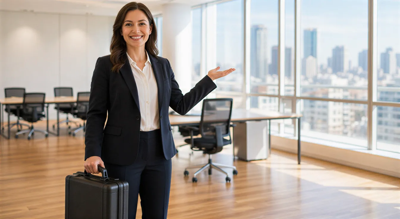 Eine professionelle Frau lächelt und präsentiert einen leeren, renovierten Büroraum mit Blick auf die Skyline.