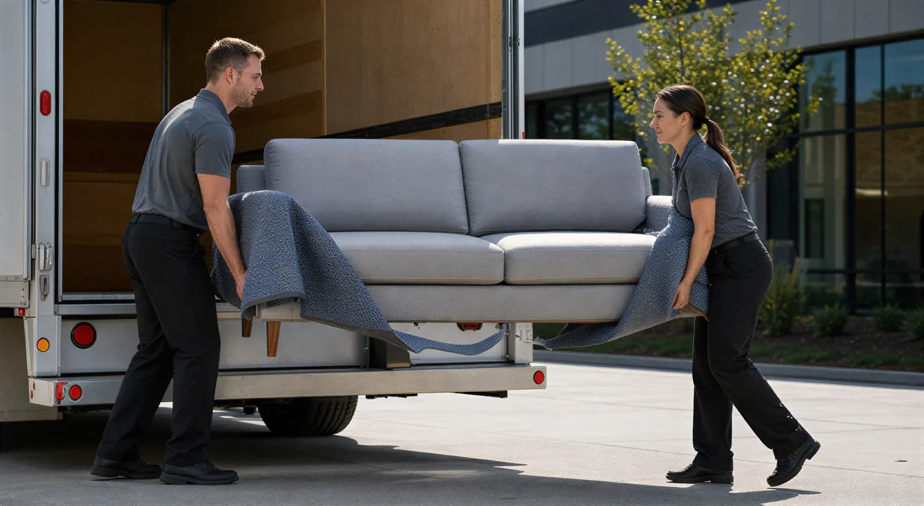 Ein Umzugsteam lädt sorgfältig ein modernes Sofa vor einem zeitgenössischen Bürogebäude ab.