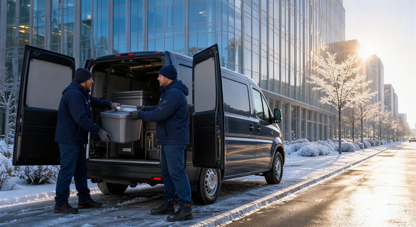 Zwei Arbeiter in blauer Winterkleidung laden Ausrüstung in ein Fahrzeug vor einem modernen Bürogebäude nach Schneefall.
