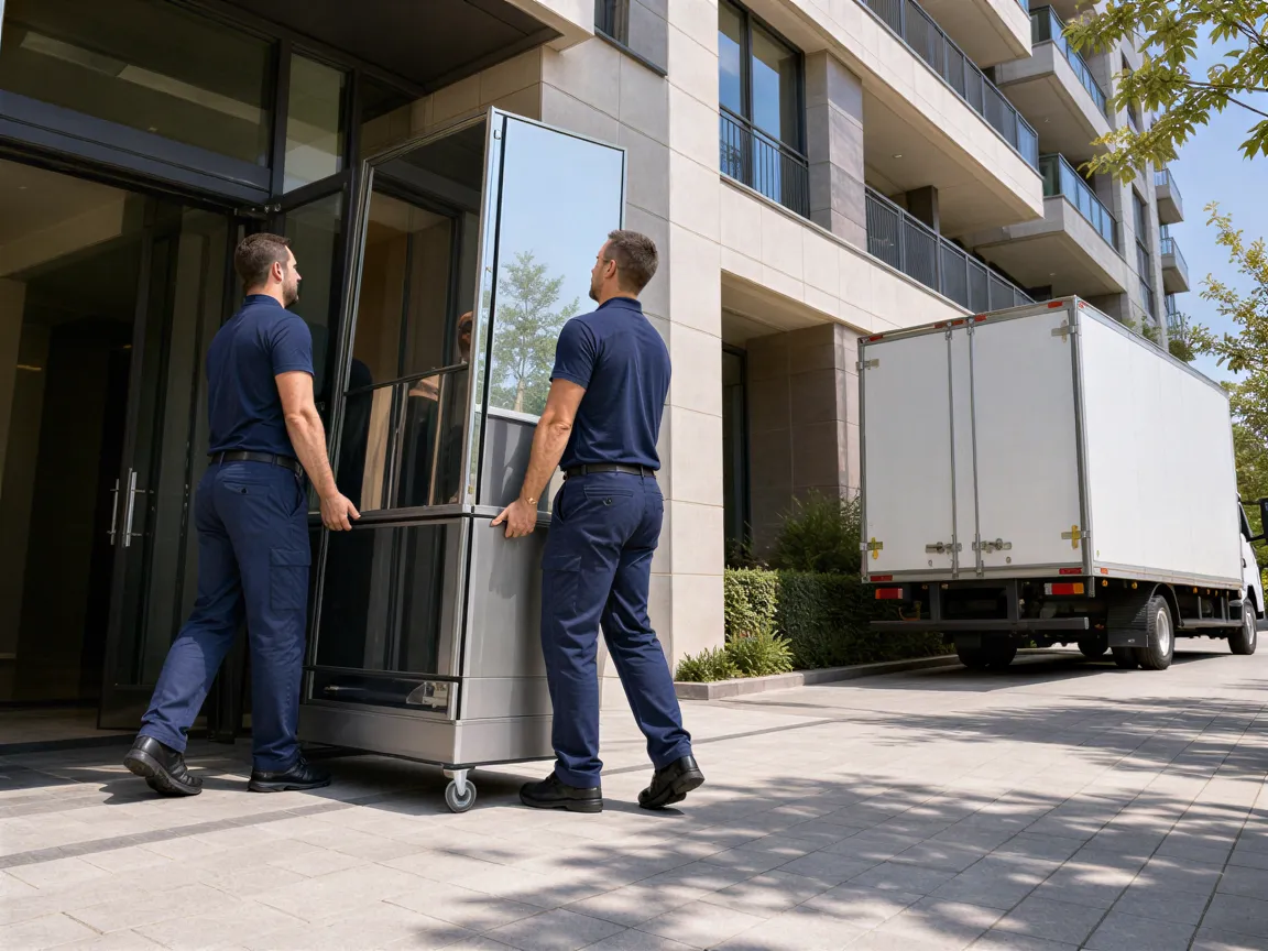 Zwei Umzugshelfer in blauen Uniformen tragen einen großen Spiegel-Schrank aus einem modernen Wohngebäude.