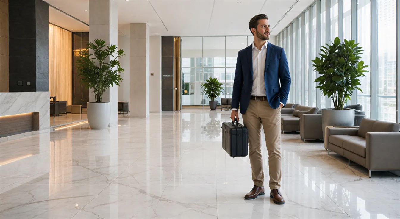 Ein Büroangestellter steht mit einer Werkzeugtasche in der sauberen, modernen Lobby mit Marmorboden.