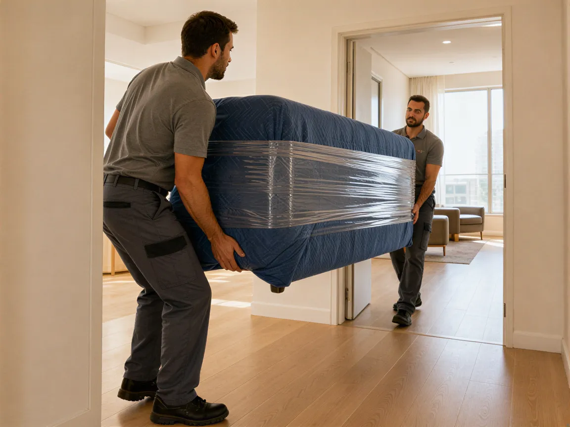 Zwei Umzugsmitarbeiter tragen ein sorgfältig verpacktes Sofa durch eine helle Wohnungstür.