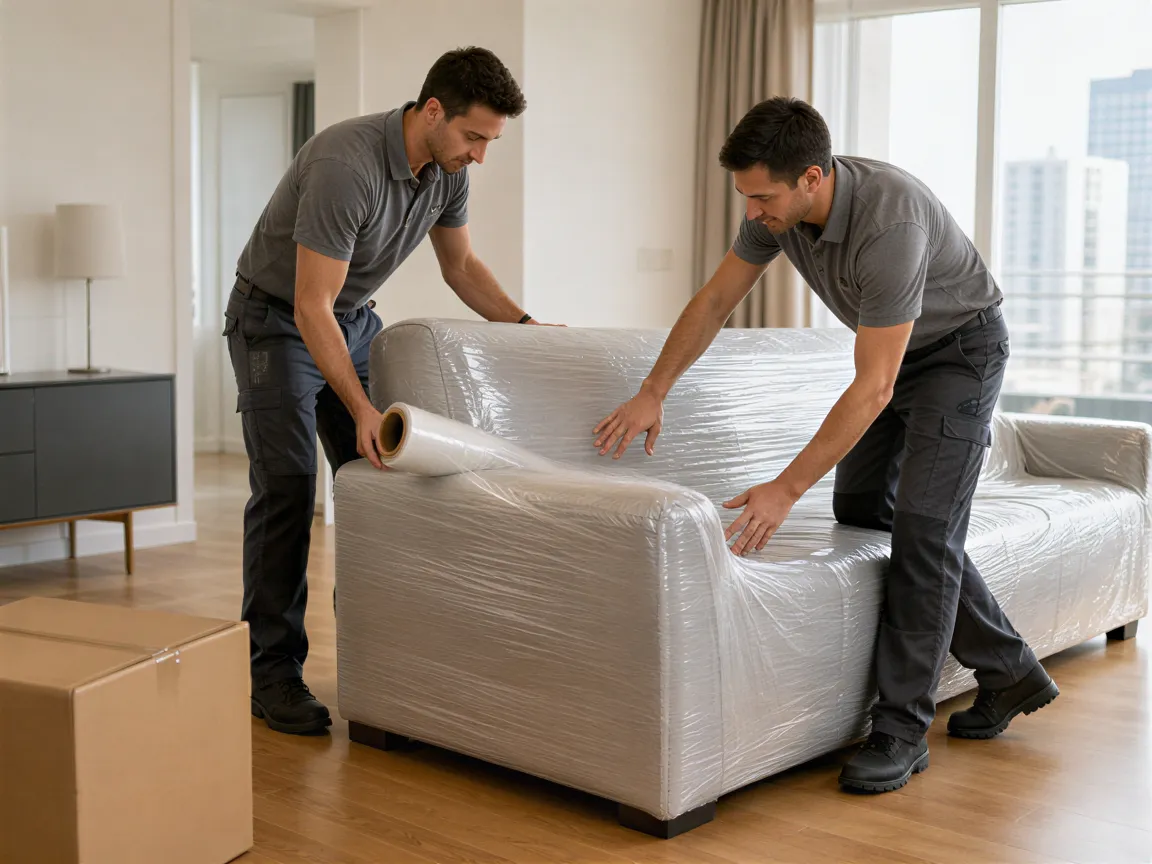 Zwei Umzugshelfer wickeln ein Sofa sorgfältig mit Schutzfolie ein in einer hellen Wohnung.