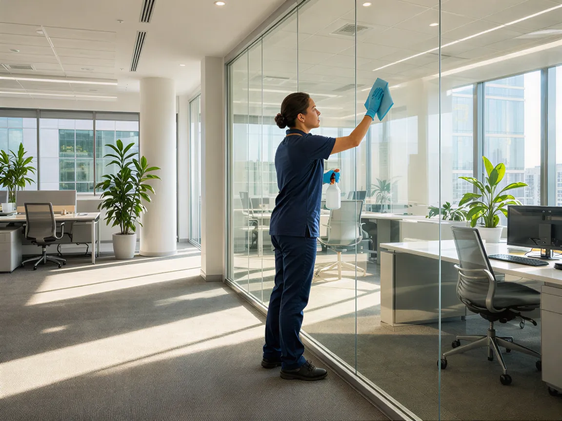Eine Reinigungskraft wischt eine große Glaswand in einem hellen, modernen Büro ab.