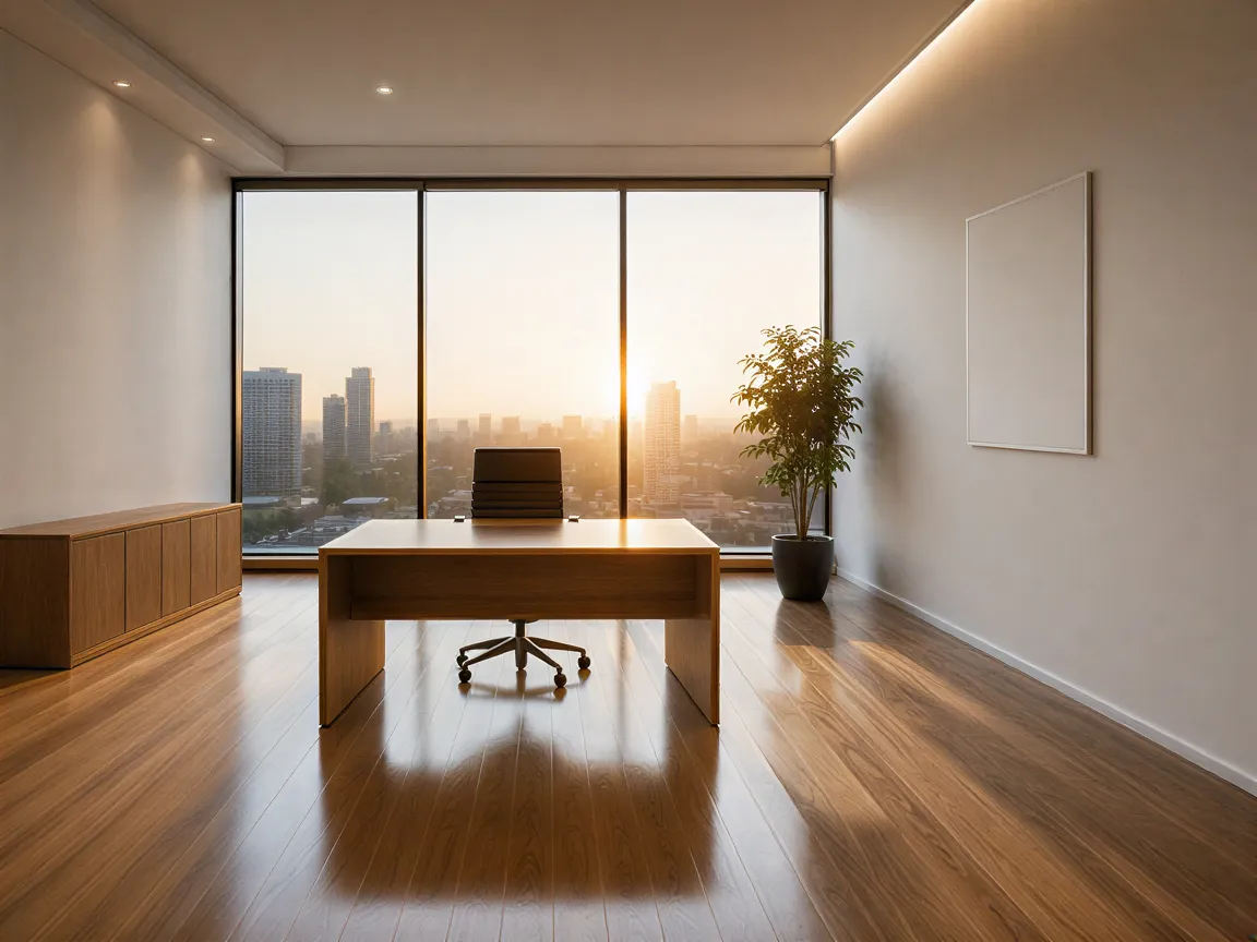 Ein minimalistisches Büro mit leerem Schreibtisch und ergonomischem Stuhl, beleuchtet durch die Abendsonne.