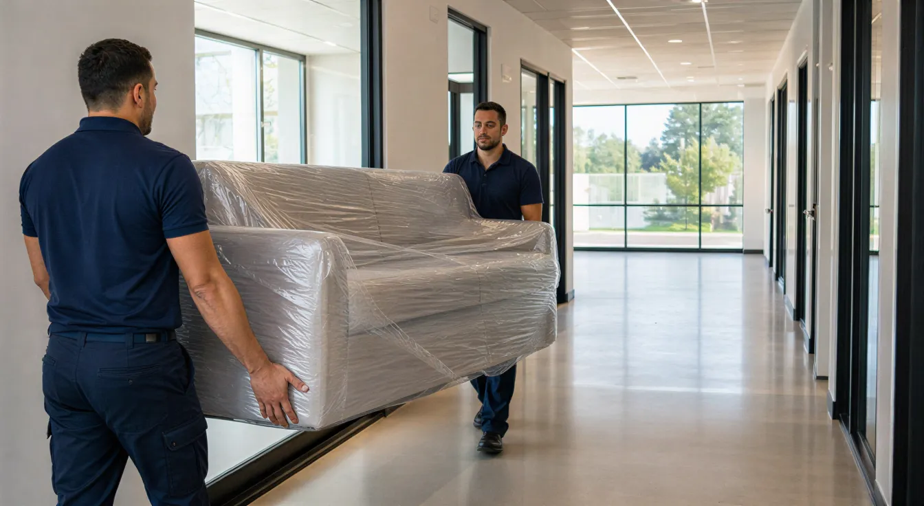 Zwei Umzugshelfer in blauen Uniformen tragen ein großes, eingepacktes Sofa durch einen modernen Büroflur.