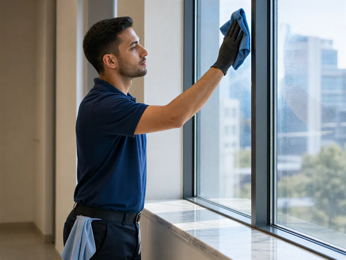 Eine Reinigungskraft wischt sorgfältig eine große Fensterscheibe in einem hellen, modernen Büro.