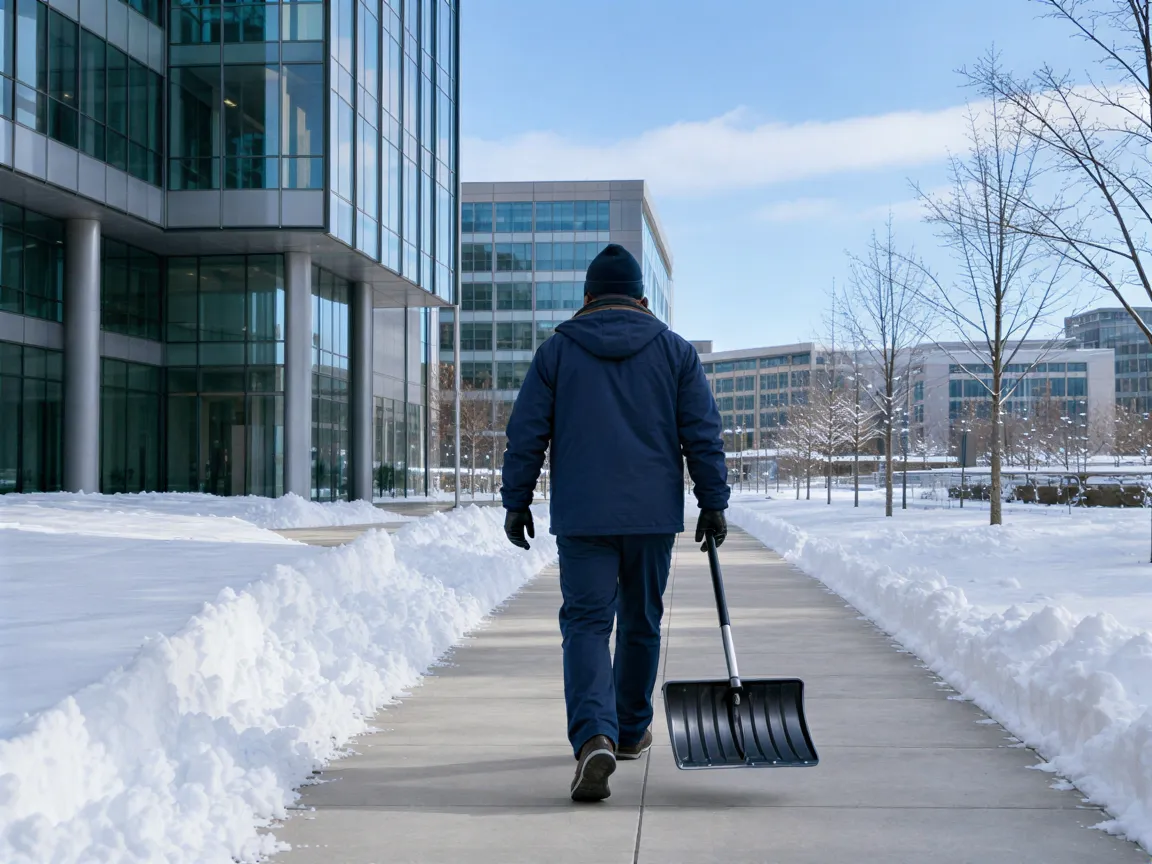 Ein Arbeiter mit Schneeschaufel geht auf einem geräumten Gehweg vor einem modernen Bürogebäude im Schnee.