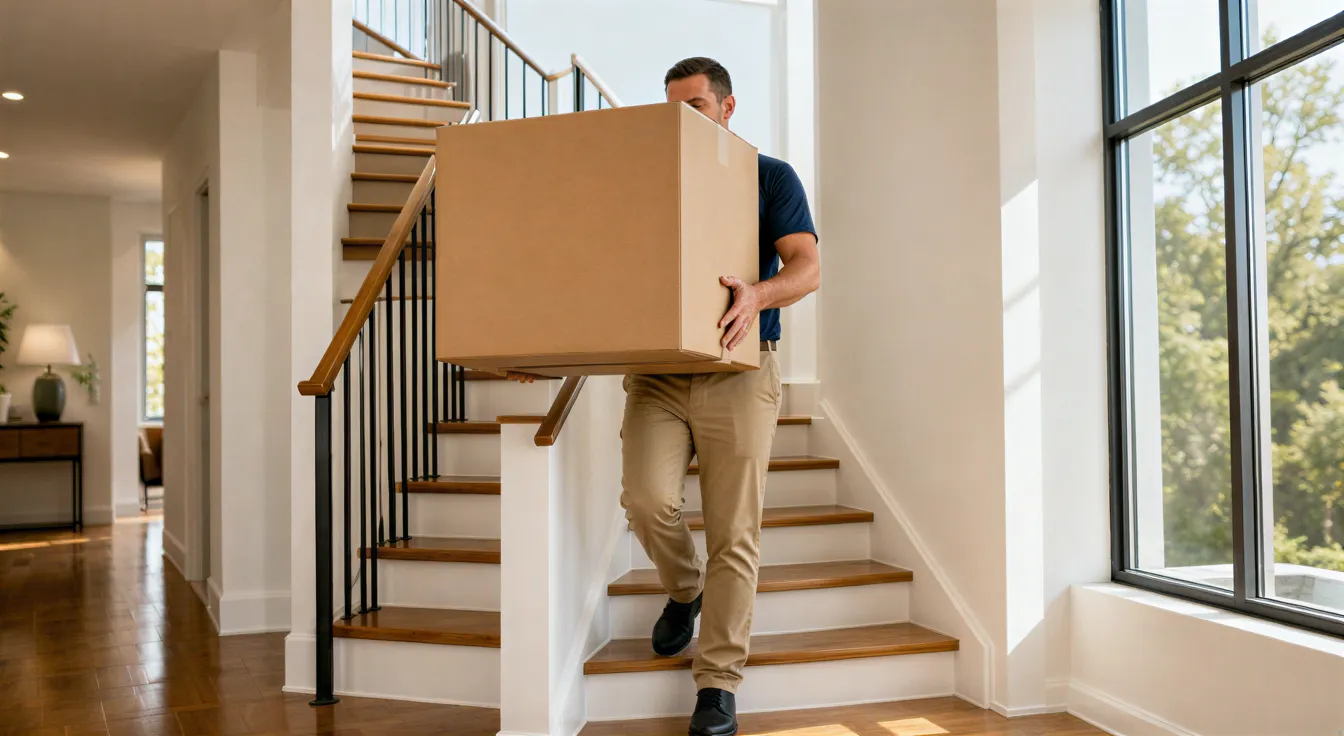 Ein professioneller Umzugshelfer trägt einen großen Karton eine moderne Treppe hinunter.