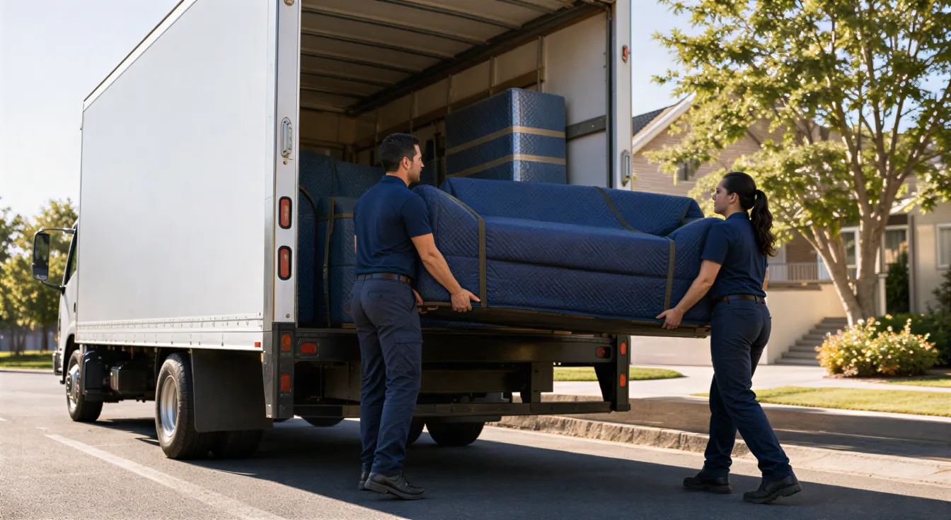 Ein Umzugsteam lädt ein großes Sofa in einen weißen Transporter auf einer ruhigen Wohnstraße.