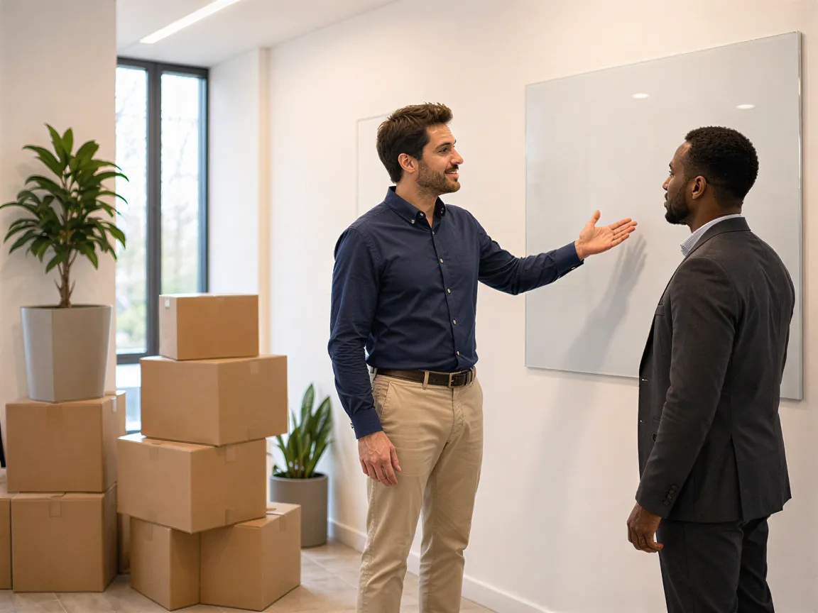 Ein Berater und ein Kunde besprechen ein Whiteboard in einem hellen, modernen Büroempfangsbereich.