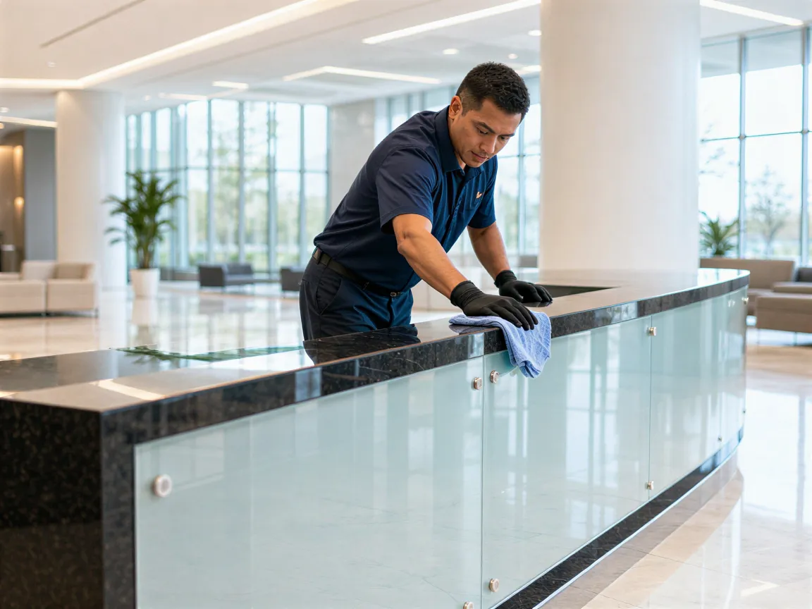 Eine Reinigungskraft wischt die Glasfront eines glatten Empfangstresens in einer sauberen Bürolobby.