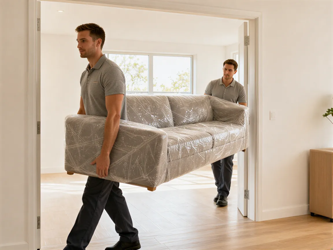 Zwei Umzugshelfer tragen sorgfältig eine eingepackte Couch durch eine Tür in einer hellen Wohnung.