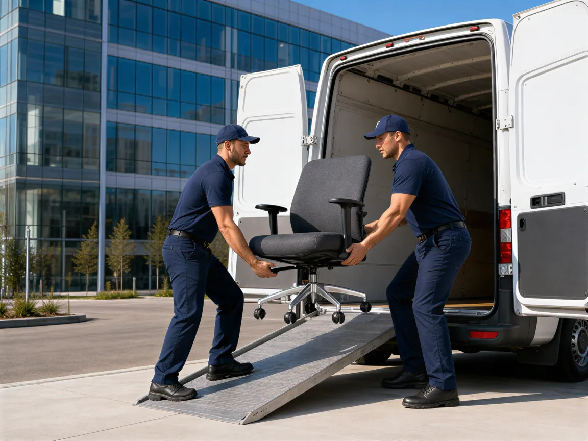 Ein Umzugsteam lädt einen modernen Bürostuhl in einen weißen Transporter vor einem Glasgebäude.
