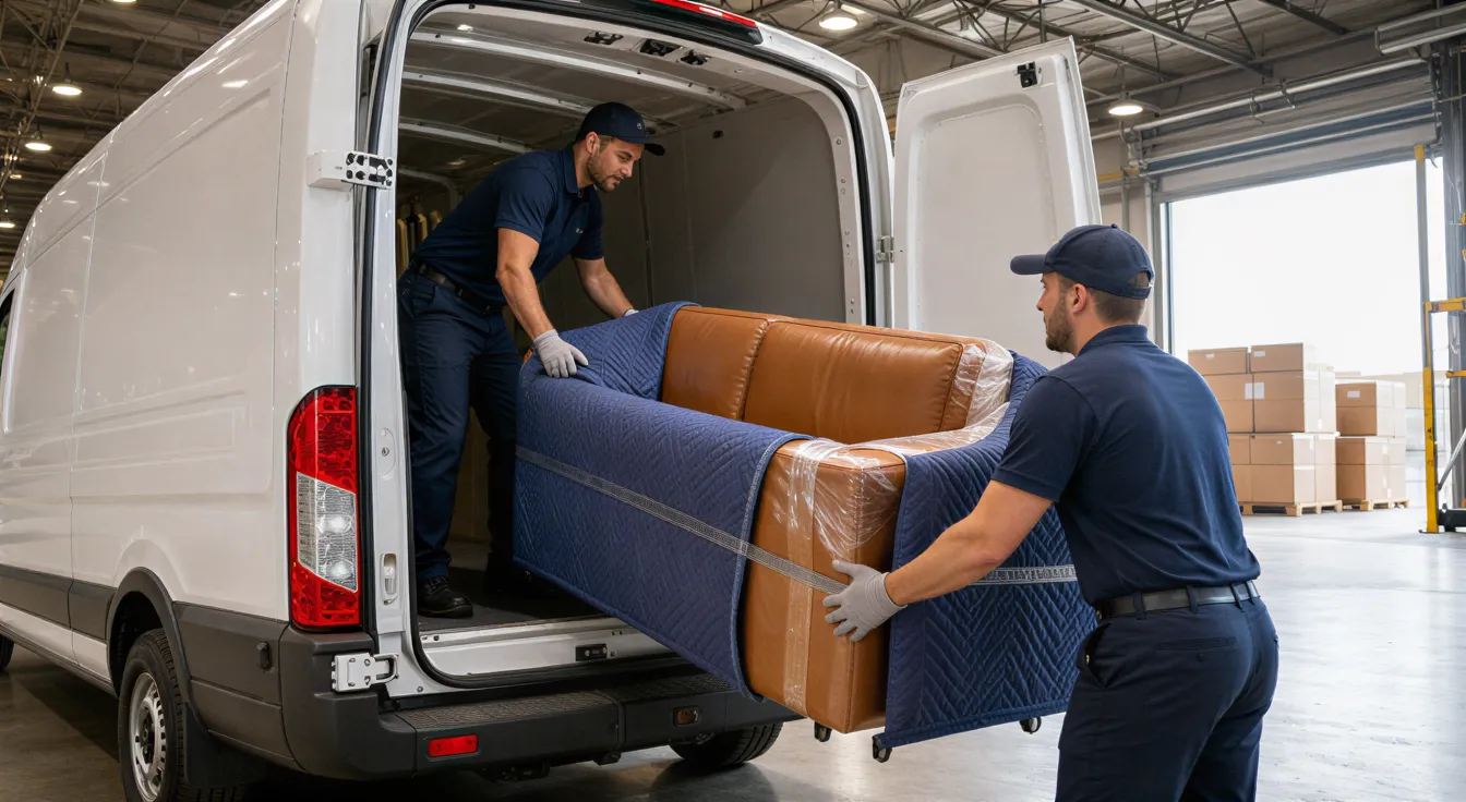 Zwei Umzugshelfer laden ein sorgfältig verpacktes Ledersofa in einen weißen Transporter in einem hellen Lagerhaus.
