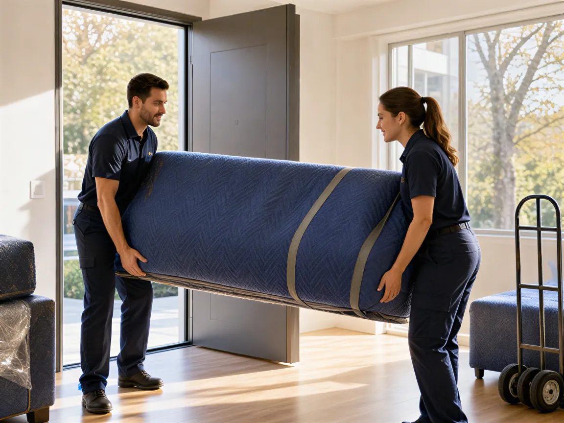 Ein Umzugsteam transportiert ein sorgfältig verpacktes Sofa durch die Tür einer modernen Wohnung.