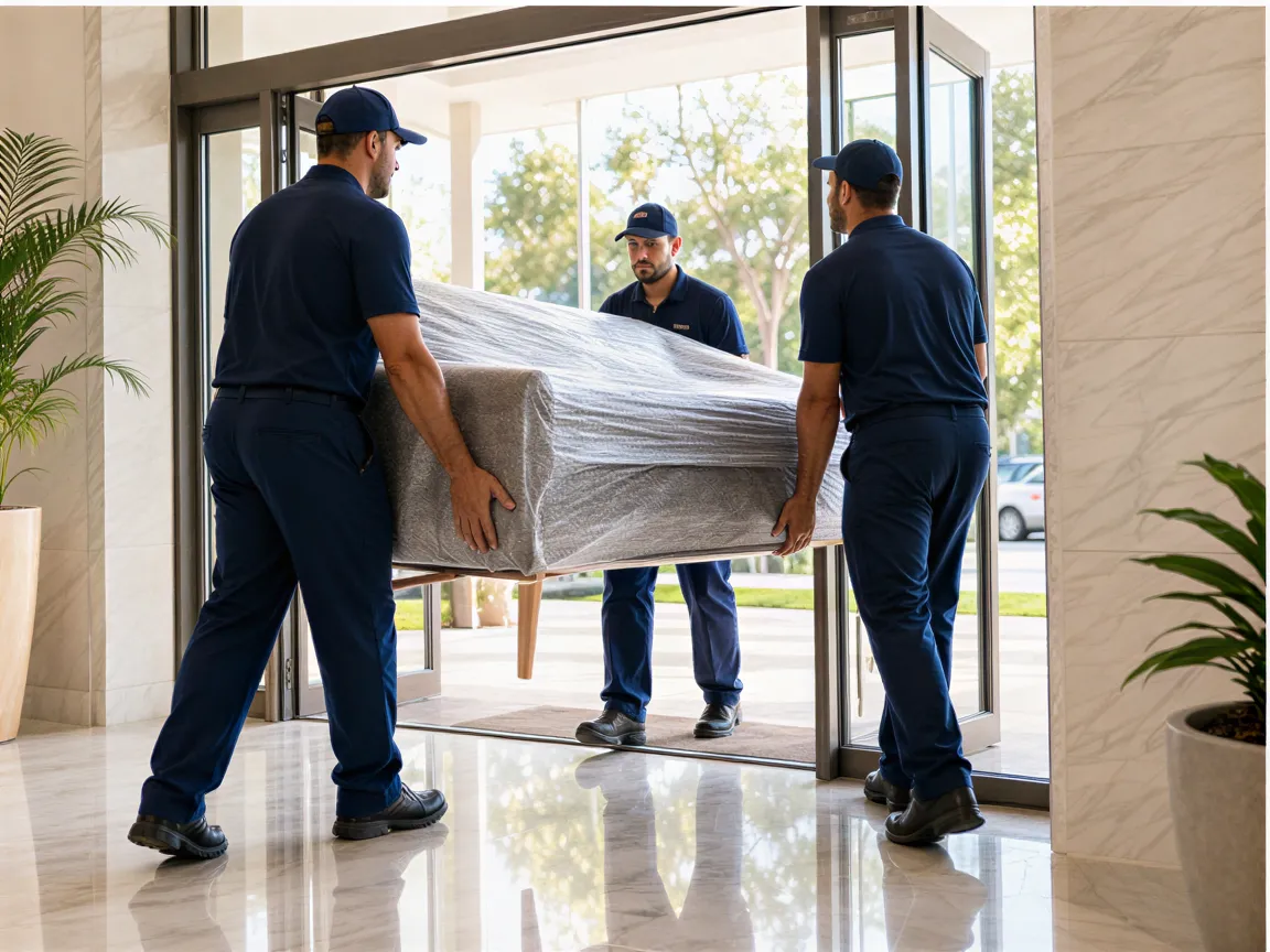 Ein Umzugsteam in blauen Uniformen trägt ein sorgfältig verpacktes Sofa durch die helle Tür eines modernen Apartmentgebäudes.