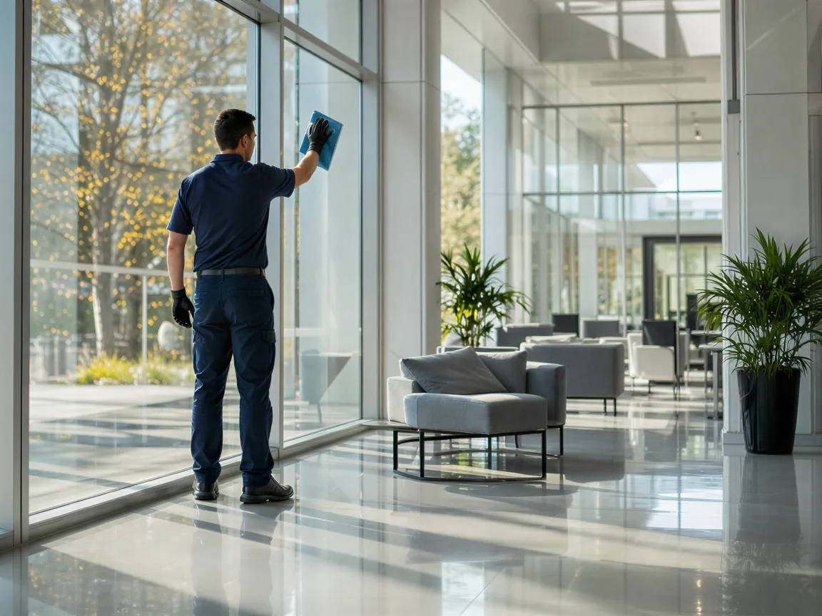 Ein Reinigungskräfte poliert eine große Fensterscheibe in einem hellen, modernen Büroatrium.