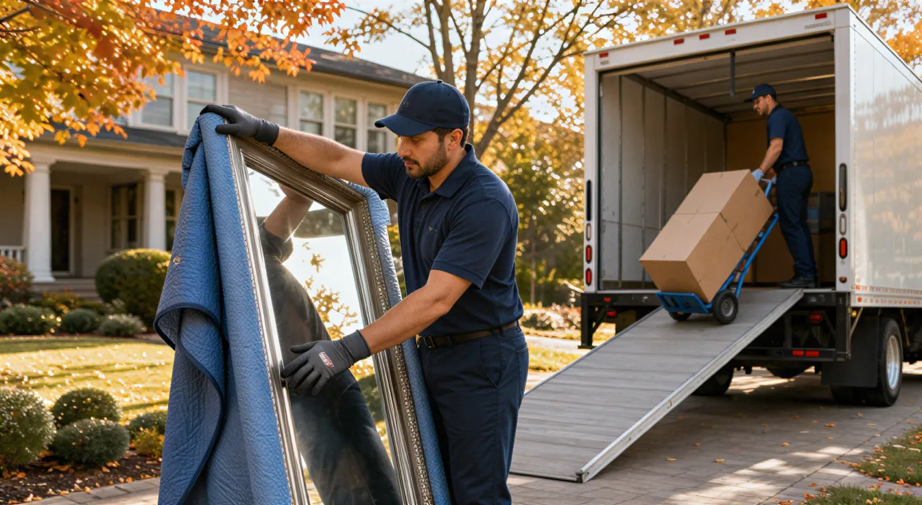 Ein professionelles Umzugsunternehmen verpackt sorgfältig einen großen Spiegel vor einem Wohnhaus an einem Herbsttag.