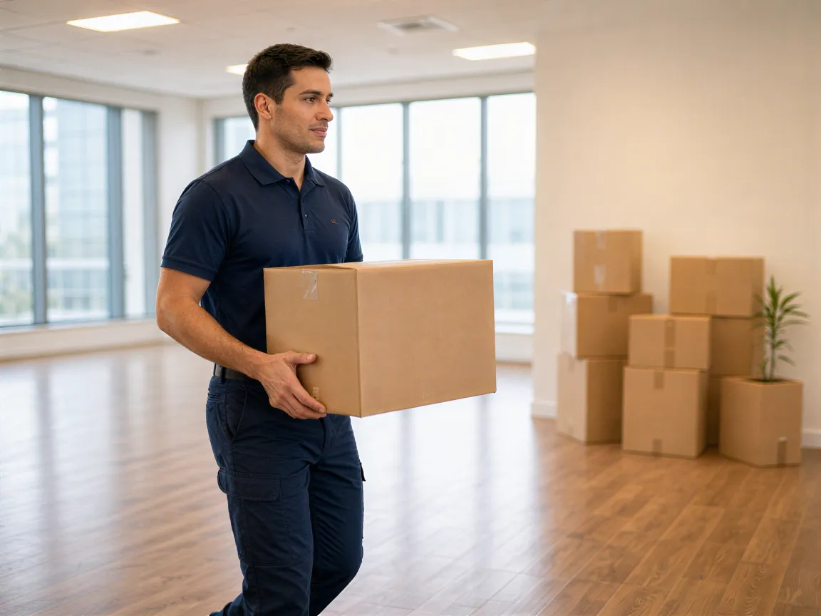 Ein professioneller Umzugshelfer trägt einen Karton durch einen leeren Büroraum mit Holzboden.
