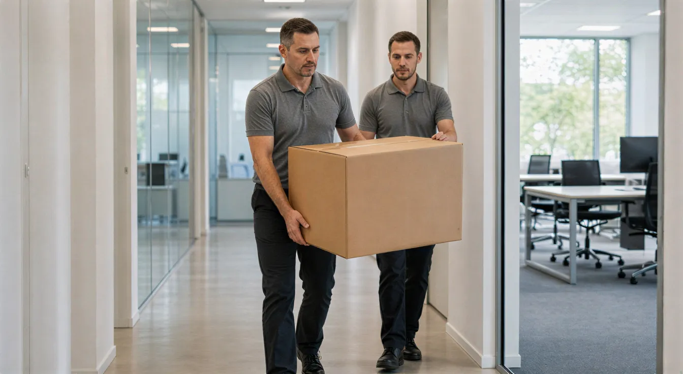Zwei Umzugshelfer tragen einen großen Karton durch einen hellen, modernen Büroflur.