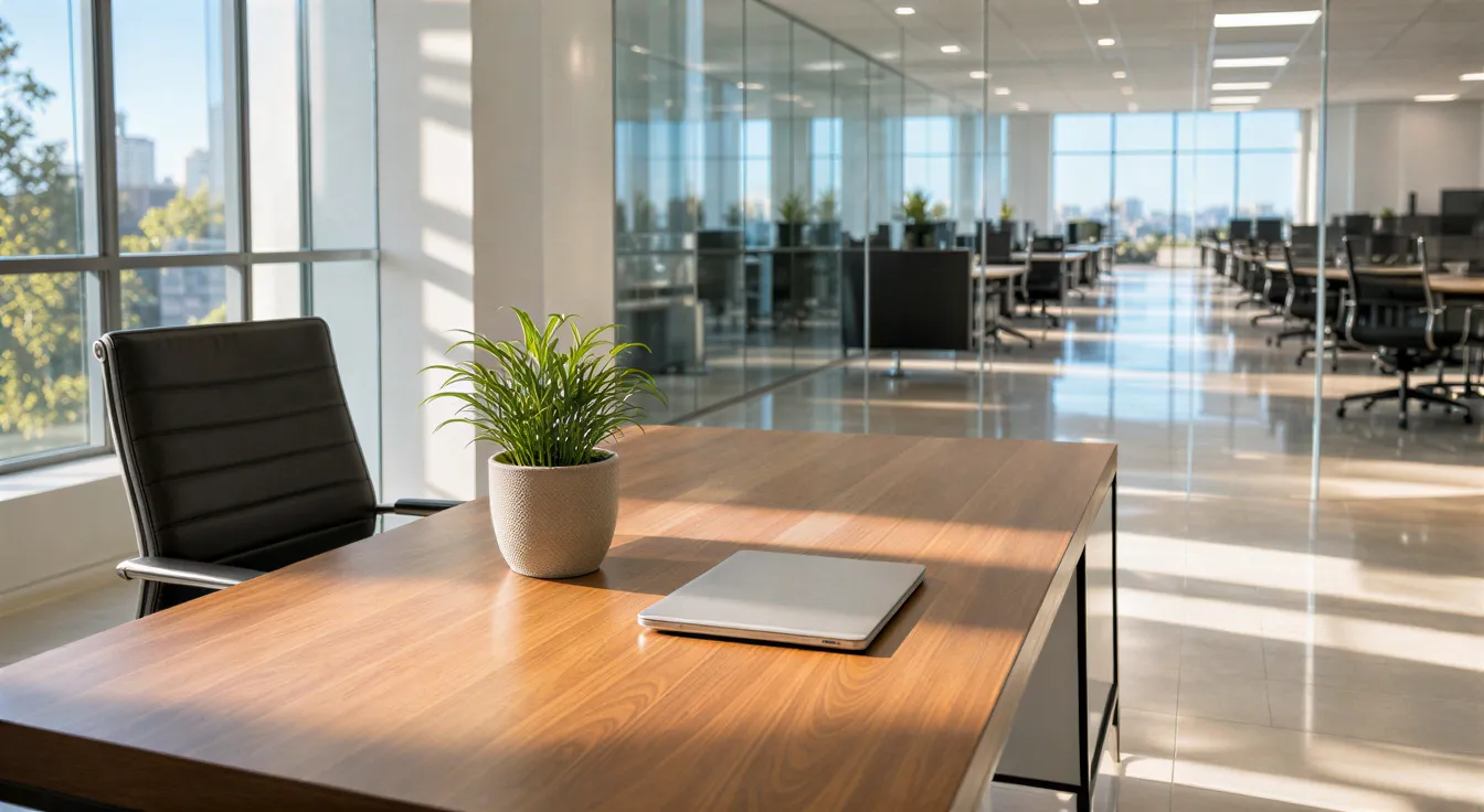 Ein minimalistisches Büro mit sauberem Schreibtisch, Topfpflanze und Laptop nach einem Reinigungsservice.