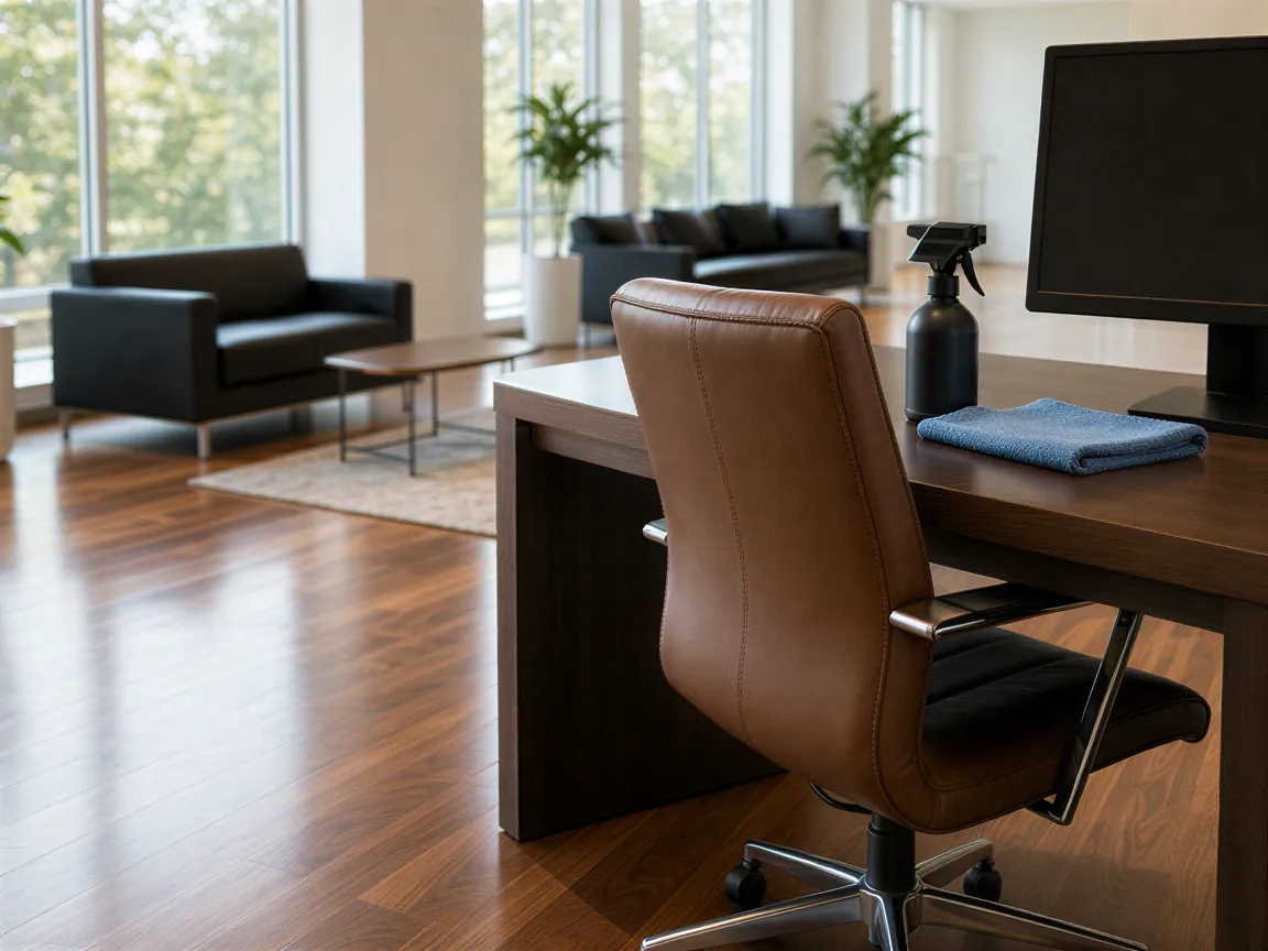 Ein modernes Büro mit poliertem Holzboden, minimalistischem Schreibtisch und gepflegtem Lederstuhl nach der Reinigung.