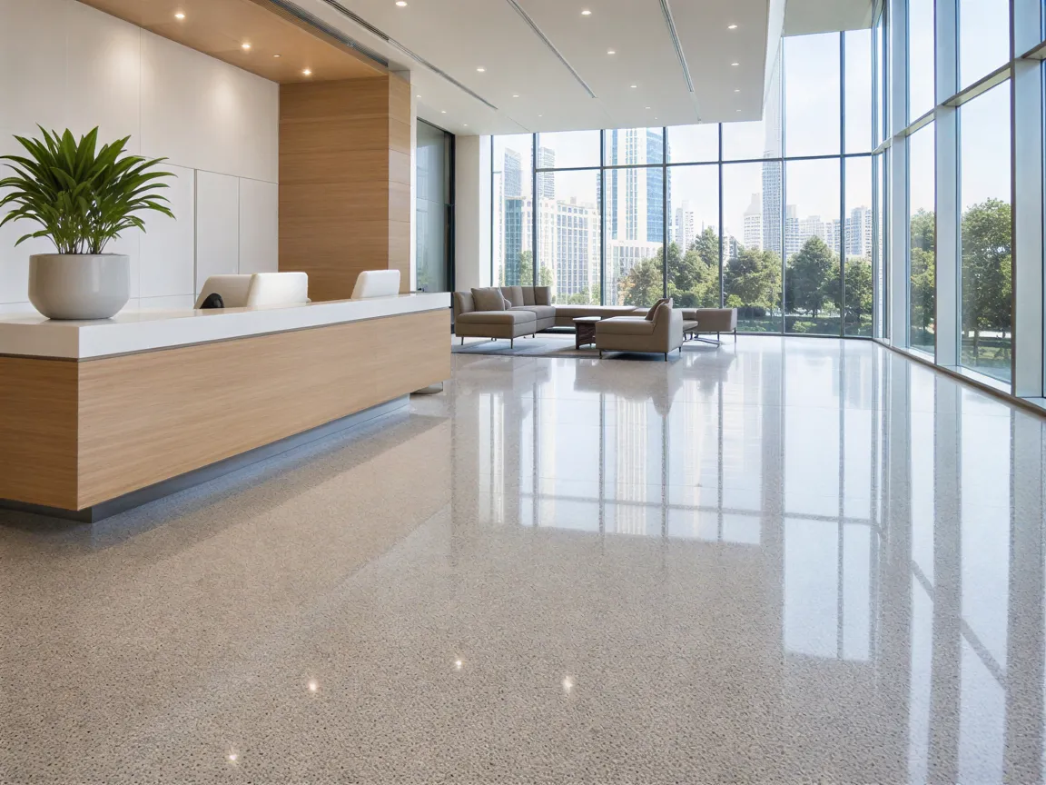 Ein modernes Bürogebäude mit sauberer Lobby, Empfangstisch und großen Fenstern.