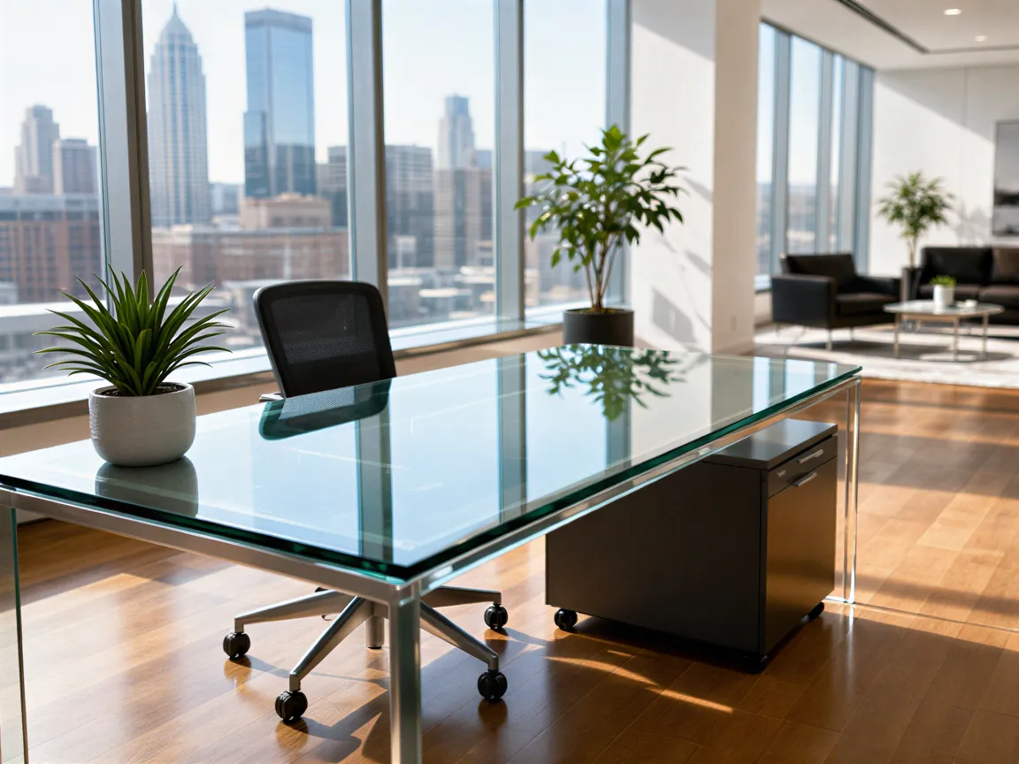 Ein leerer Schreibtisch mit einer Pflanze in einem sauberen Büro mit Panoramablick auf die Stadt.