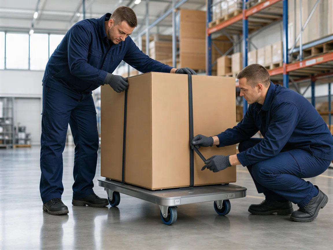 Zwei Logistikmitarbeiter in blauen Uniformen sichern eine große Kiste auf einem Transportwagen in einem hellen Lagerhaus.