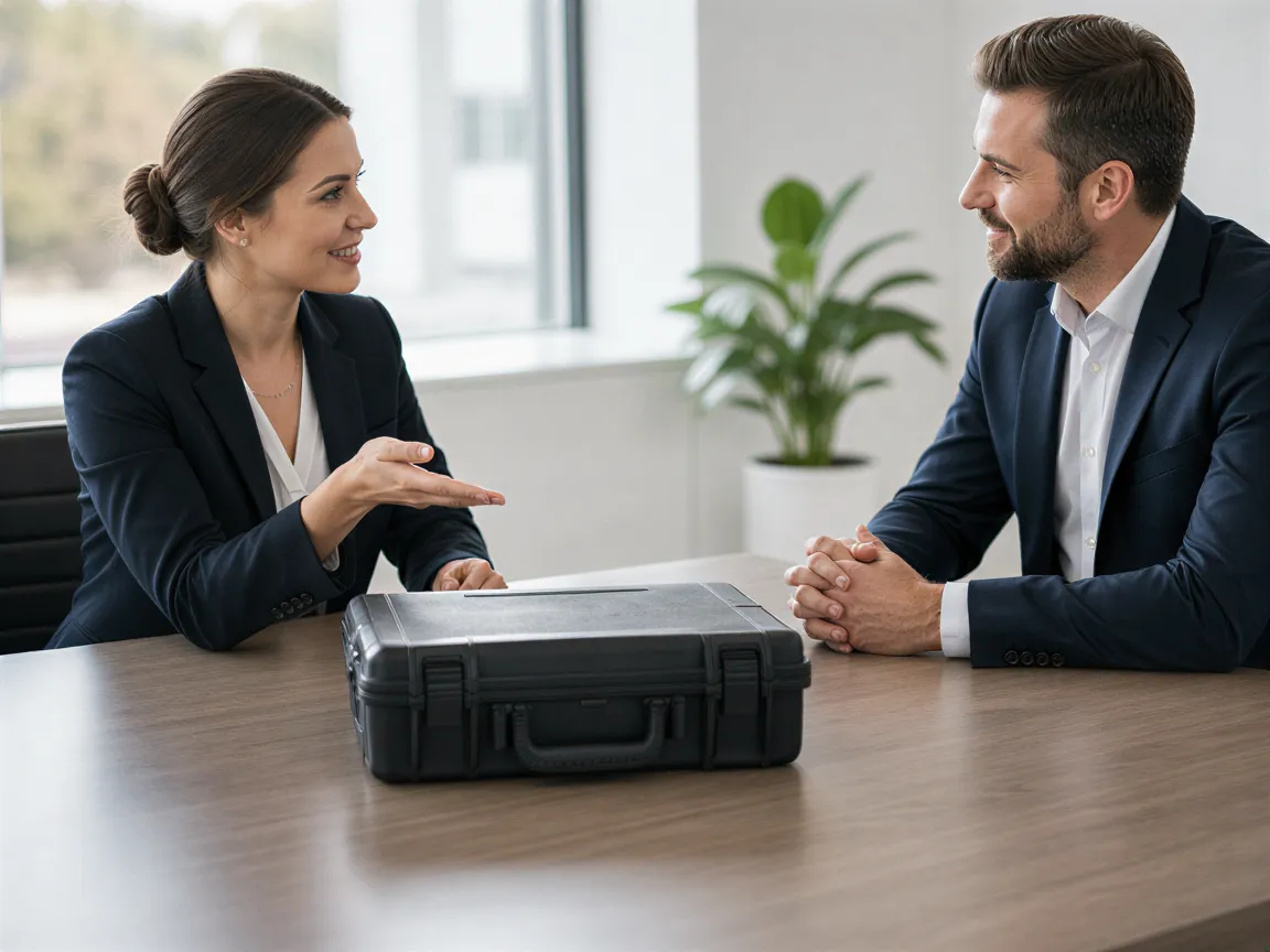 Eine Frau und ein Mann besprechen vertraulich einen Werkzeugkoffer auf einem Konferenztisch in einem modernen Büro.
