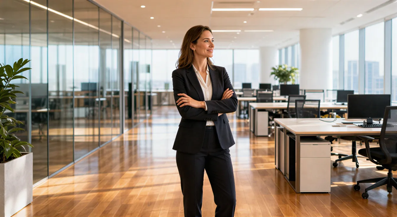 Eine Frau in Geschäftskleidung steht in einem makellosen, modernen Büro mit Glaswänden und polierten Böden.